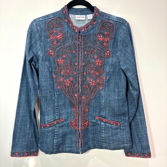 Chico's NWT Blue Denim Pink  Beaded Jean Jacket sz 0 Small Western Boho Hippie - Picture 1 of 14
